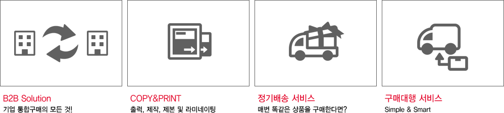 B2B Solution-기업 통합구매의 모든 것!/COPY&PRINT-출력, 제작, 제본 및 라미네이팅/정기배송 서비스-매번 똑같은 상품을 구매한다면?/구매대행 서비스-Simple & Smart